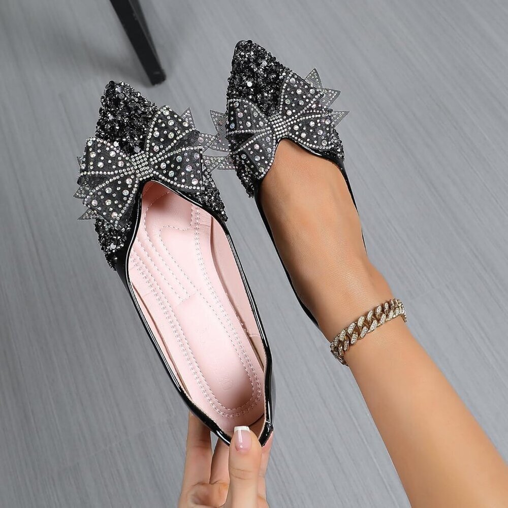 Women's Black Rhinestone Wedding Flats Comfort Pointed Toe Ballet Flat Shoe - Picture 7 of 7